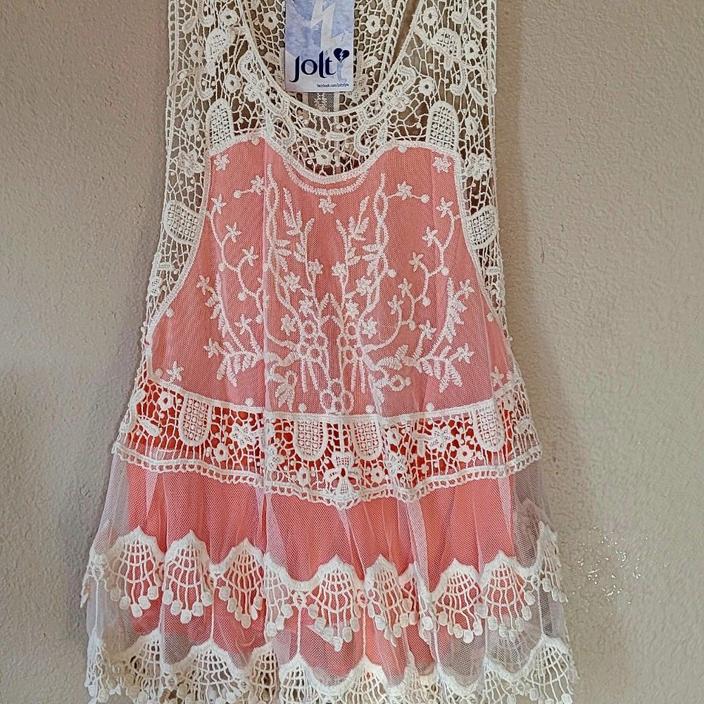 Jolt Woman's Shirt, brand new with tags, peach and crochet tank top, med/large.